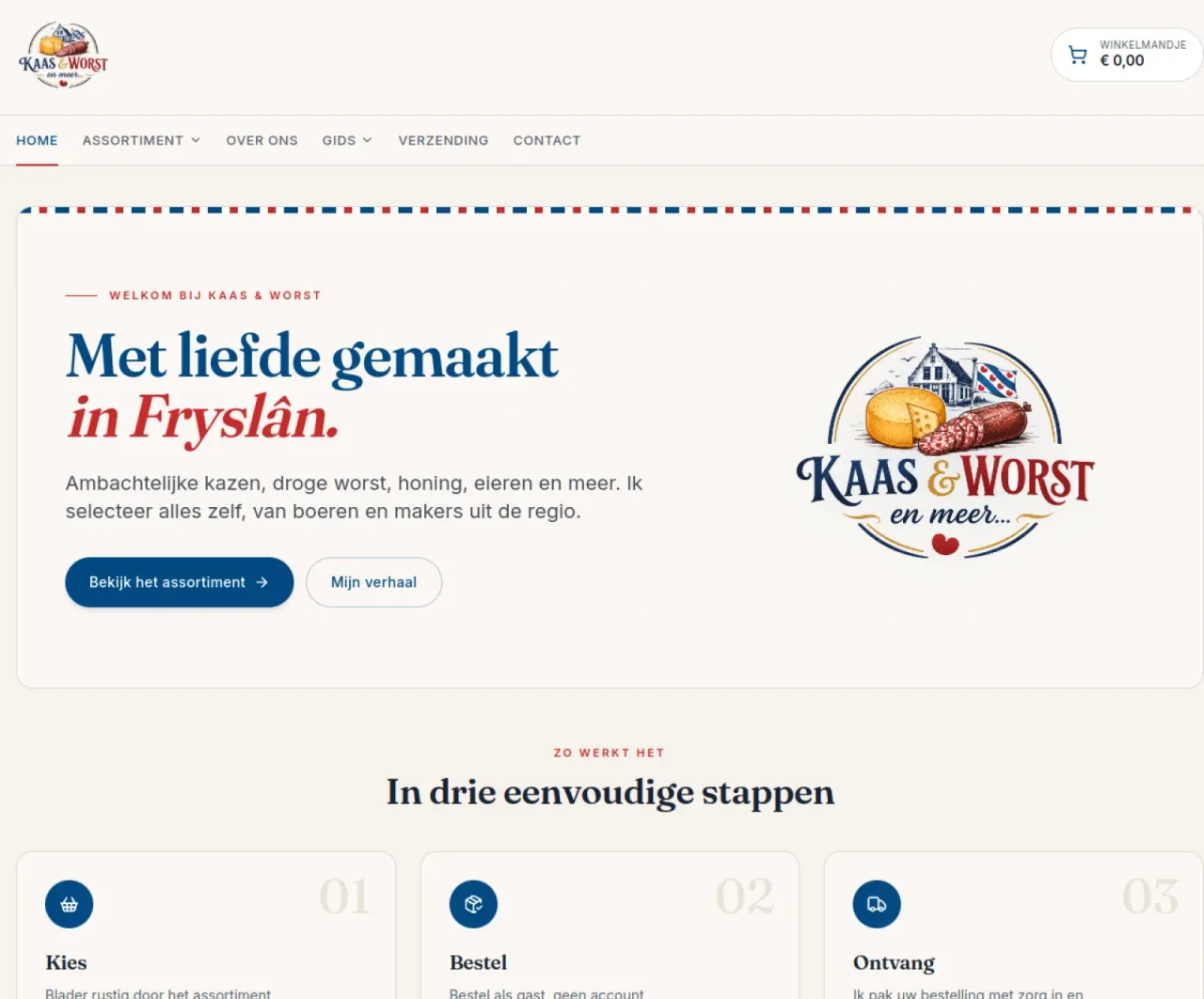 Homepagina van worstenkaas.nl — de Friese streekmarktplaats Kaas en Worst met de kop 'Met liefde gemaakt in Fryslân'.