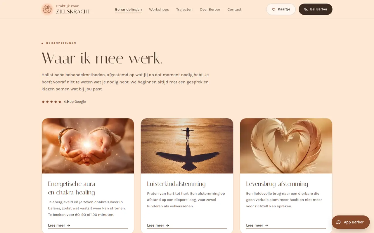 Pagina Behandelingen: de kop Waar ik mee werk en kaarten voor energetische aura en chakra healing, Luisterkindafstemming en Levensbrug afstemming