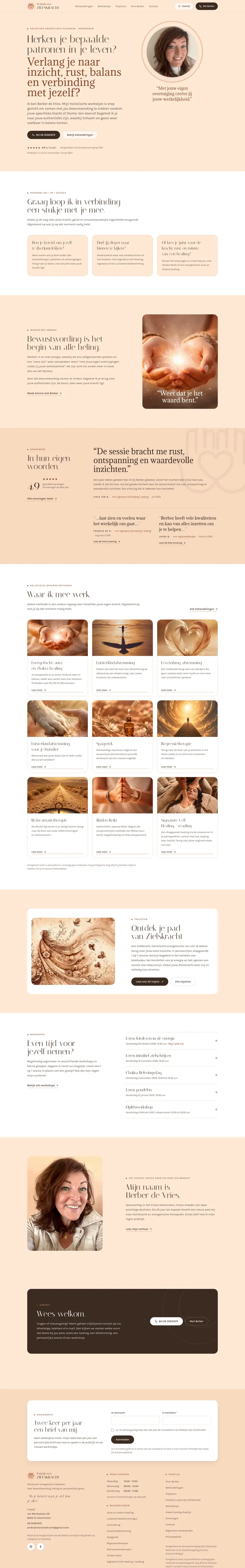 Homepage van praktijkvoorzielskracht.nl, van haar kop en portret via de ervaringen van cliënten, de behandelingen, het traject Ontdek je pad en de workshops tot de aanmelding voor haar nieuwsbrief
