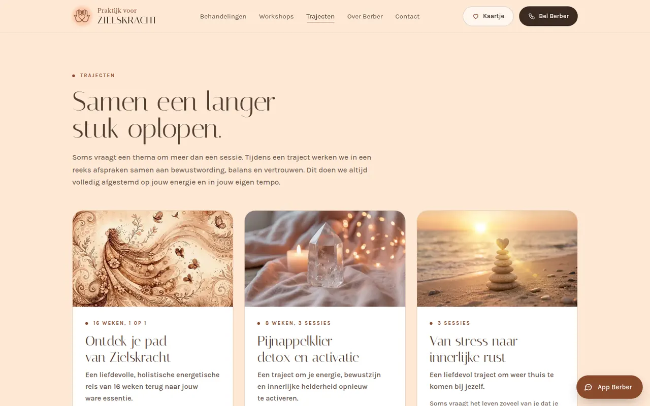 Pagina Trajecten: de kop Samen een langer stuk oplopen en drie kaarten: Ontdek je pad van Zielskracht, Pijnappelklier detox en activatie, Van stress naar innerlijke rust