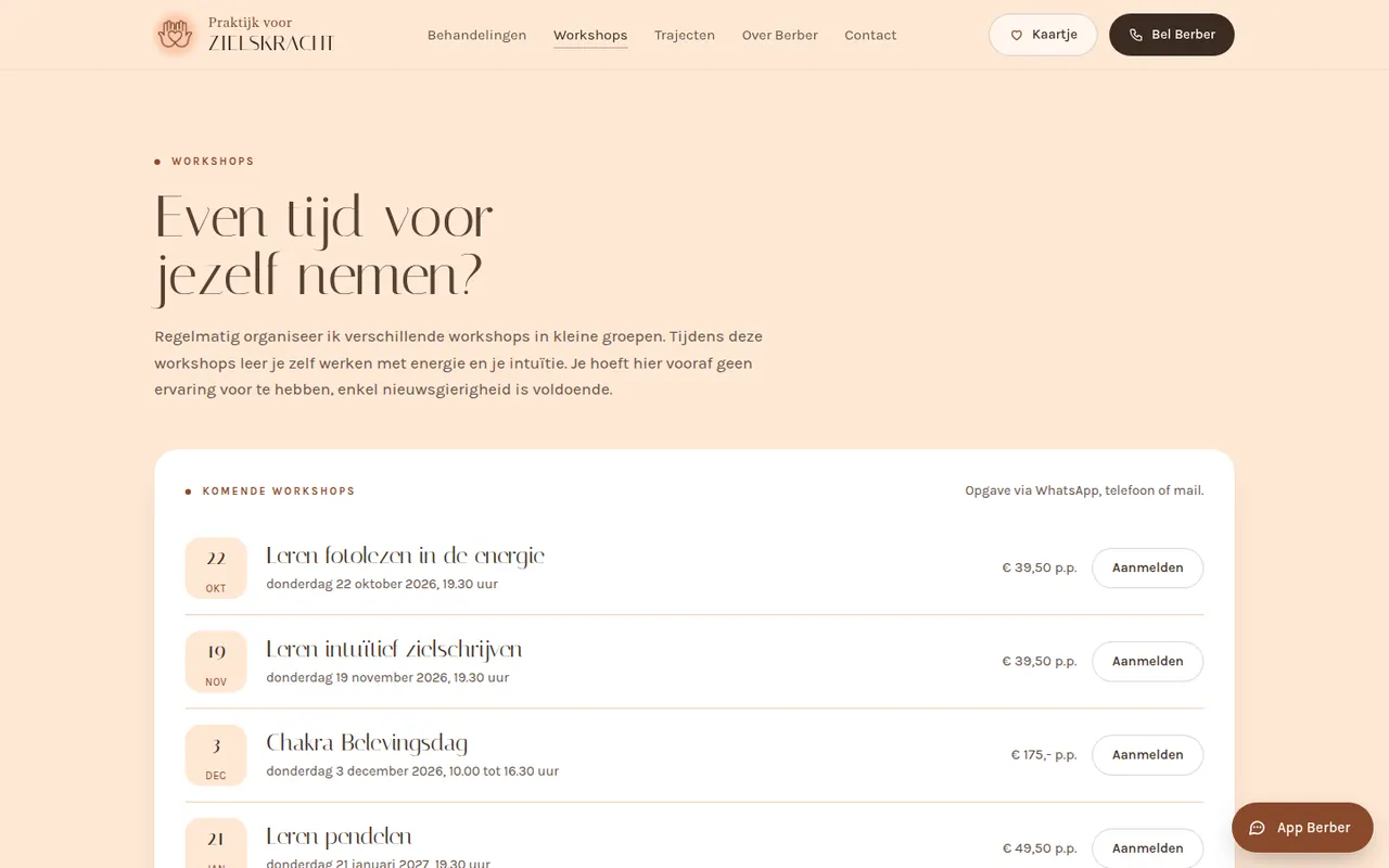 Pagina Workshops: de kop Even tijd voor jezelf nemen en een agenda met data, prijzen en knoppen om je aan te melden
